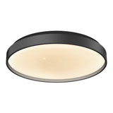 A modern, round ceiling light fixture with a black rim and a glowing, soft white diffuser, featuring a subtle star-like pattern on the illuminated surface.