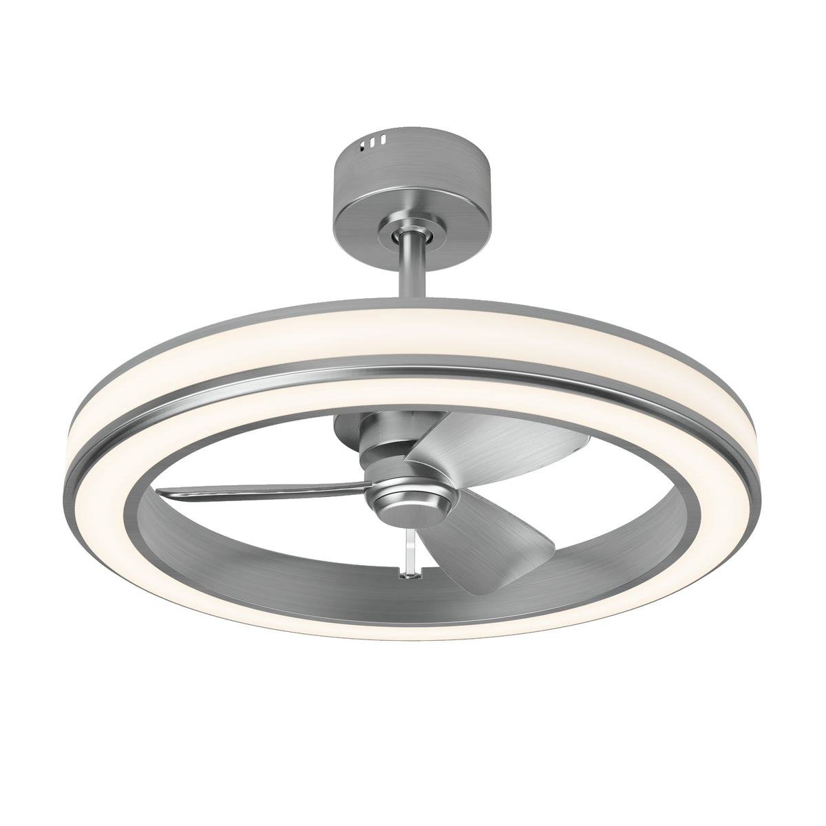 A modern ceiling fan with a circular LED light ring, silver blades, and a sleek metallic finish, suspended from the ceiling with a short rod.