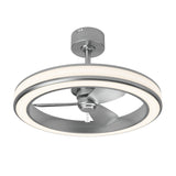 A modern ceiling fan with a circular LED light ring, silver blades, and a sleek metallic finish, suspended from the ceiling with a short rod.