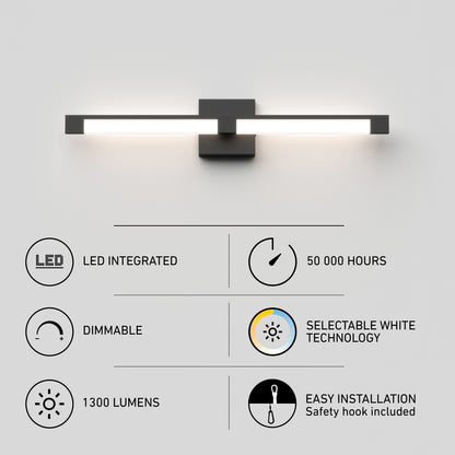 Artika Tivoli 27-in Integrated LED 5-CCT vanity light bar, dimmable with selectable white light, 1300 lumens, and a 50,000-hour lifespan.