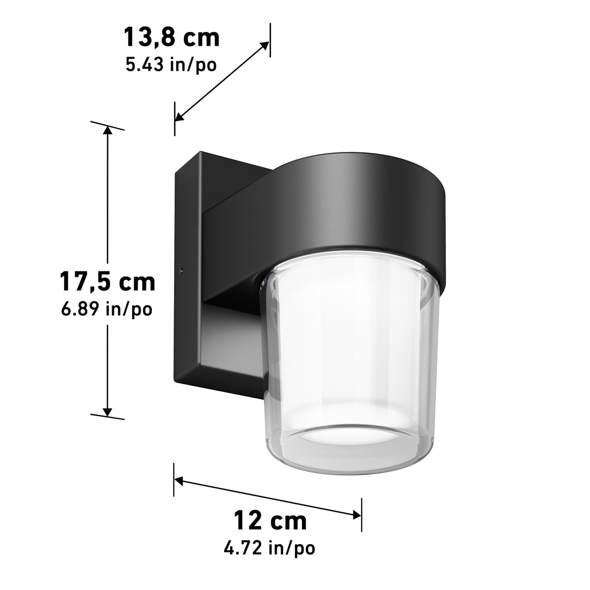 A modern black outdoor wall light with a cylindrical frosted glass shade. The dimensions are shown: 17.5 cm (6.89 in) tall, 13.8 cm (5.43 in) deep, and 12 cm (4.72 in) wide.
