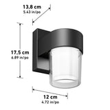 A modern black outdoor wall light with a cylindrical frosted glass shade. The dimensions are shown: 17.5 cm (6.89 in) tall, 13.8 cm (5.43 in) deep, and 12 cm (4.72 in) wide.