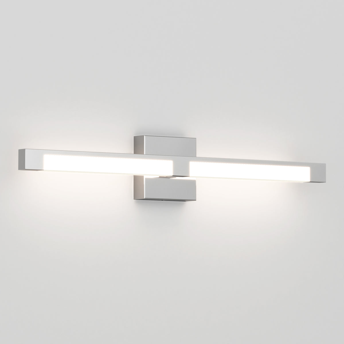 A modern wall-mounted LED light fixture with a sleek rectangular design, emitting bright white light from both sides, attached to a square base on a plain white wall.