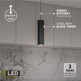 A modern kitchen with a black pendant light, labeled as energy efficient, steel with black finish, adjustable height, integrated LED, and 3-year warranty. Marble backsplash and grey cabinets are visible.