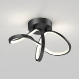 A modern ceiling light fixture with three curved, looping black arms featuring integrated white LED strips, mounted on a round black base against a plain light gray background.
