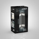 A product box for an Artika Strike outdoor wall light, featuring an image of the modern black fixture with horizontal LED light strips, product specifications, and installation examples on the packaging.