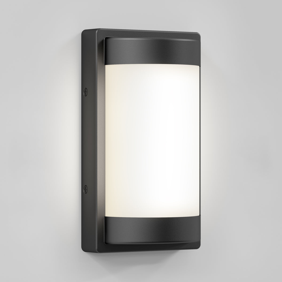 The Artika Fogo modern LED indoor-outdoor wall light 5 CCT features a black metal frame and frosted white glass, shown mounted on a light gray wall.