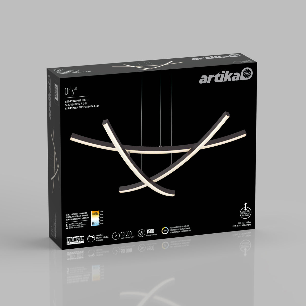 A black box for the Artika Orly modern LED pendant light 5 CCT, featuring an image of the curved fixture on the front, plus product details and branding in white text.