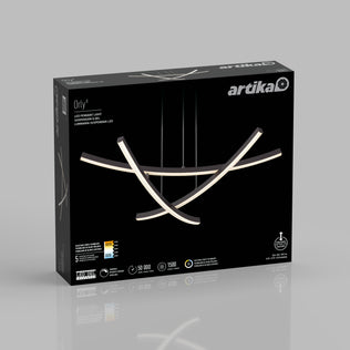 A black box for the Artika Orly modern LED pendant light 5 CCT, featuring an image of the curved fixture on the front, plus product details and branding in white text.
