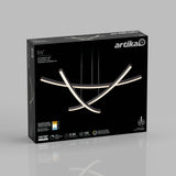 Black box packaging for the Artika Orly LED pendant light, featuring an image of the modern, curved light fixture on the front, with product features and specifications displayed in white text.