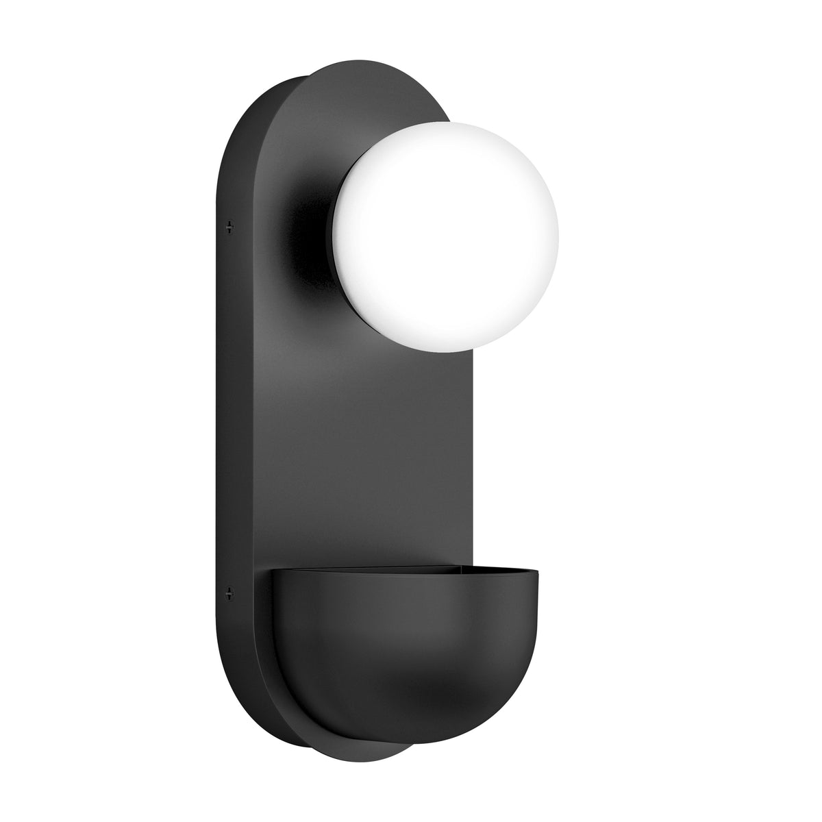 A modern wall sconce with a black, oval-shaped backplate, a round white globe light at the top, and a curved black cup-like feature at the bottom.