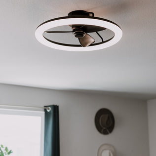 Artika Darren 23 in. LED modern fandelier ceiling fan with light and remote installed in a bright, gray-walled room.