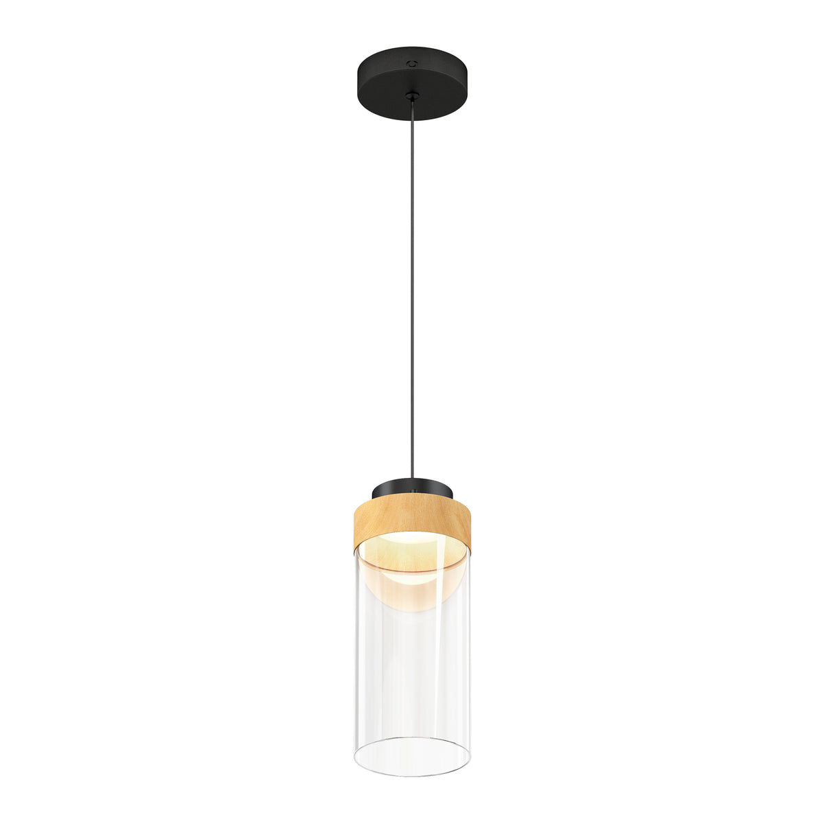The Artika Hanson 1-light LED pendant 5 CCT features a black ceiling mount, black cord, cylindrical clear glass shade, and wooden accent near the top for a modern touch.