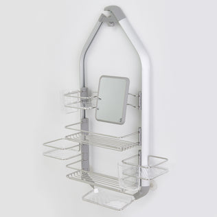 The Artika O2 hanging Shower Caddy features multiple wire shelves, clear plastic cups, and a small central mirror, all in a sleek silver design against a plain light background.