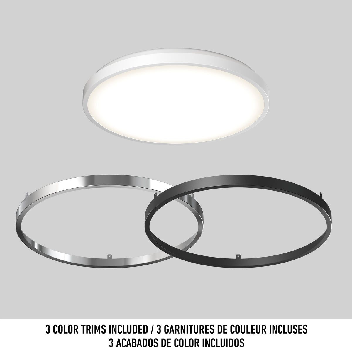 Artika Isara 15″ RGBIC LED Flush Mount Ceiling Light with interchangeable white, black, and silver trims on a light grey background.