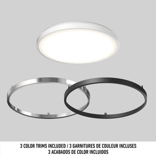 Artika Isara 15″ RGBIC LED Flush Mount Ceiling Light with interchangeable white, black, and silver trims on a light grey background.