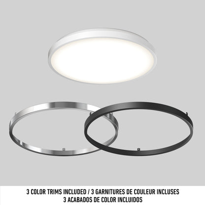 Artika Isara 15″ RGBIC LED Flush Mount Ceiling Light with interchangeable white, black, and silver trims on a light grey background.