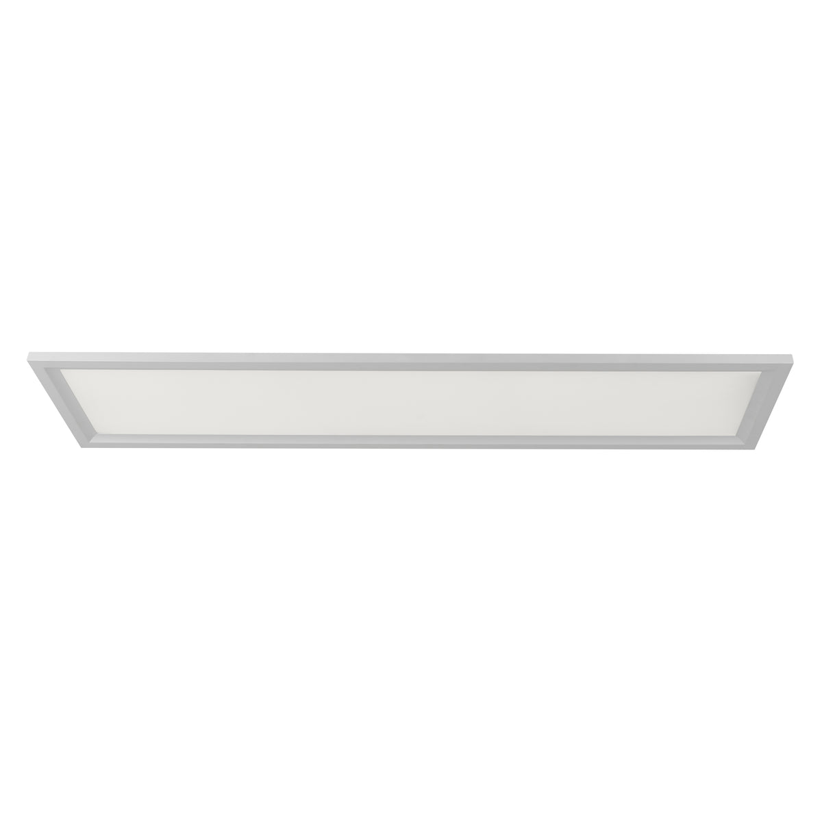 A rectangular, flat LED ceiling light panel with a slim silver frame, viewed from below against a white background.