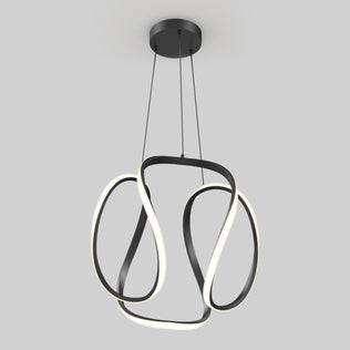 The Artika Vivaldi Big LED pendant light features sculptural black metal loops with integrated LED strips, suspended by thin wires from a round black ceiling mount, set against a plain light gray background.