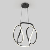 Modern pendant light with a black circular ceiling mount and two intertwined, looped LED strips, one black and one glowing white, suspended by thin wires against a plain gray background.