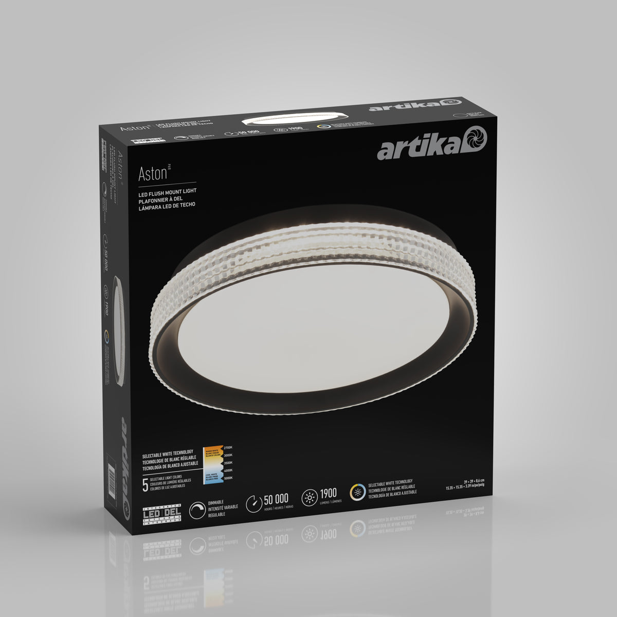 A black box displays Artikas Aston 15 in. LED modern flush mount light 5 CCT, highlighting features such as 50,000-hour lifespan, 1900 lumens brightness, and a 5-year warranty.
