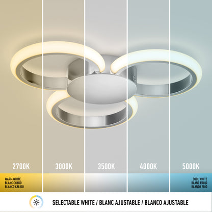 The Artika Nyala 15 in. LED flush mount light 5CCT features three circular rings and five color temperatures—2700K (warm white), 3000K, 3500K, 4000K, and 5000K (cool white)—separated by vertical lines with labels.