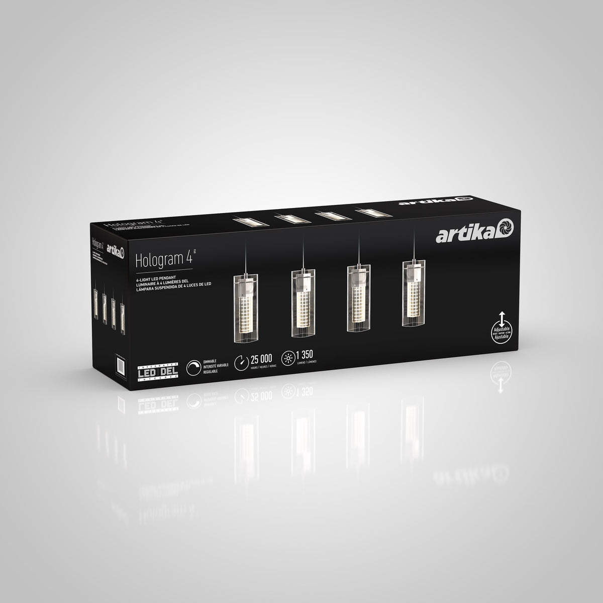A rectangular black box for the Artika Hologram 4-light LED pendant displays four hanging lights, with key features and certifications shown on the front and side of the packaging.