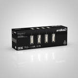 A black rectangular box with the brand name Artika displays four hanging pendant lights labeled Hologram 4. Icons indicate LED lights, 25,000 hours lifespan, and 1,350 lumens.