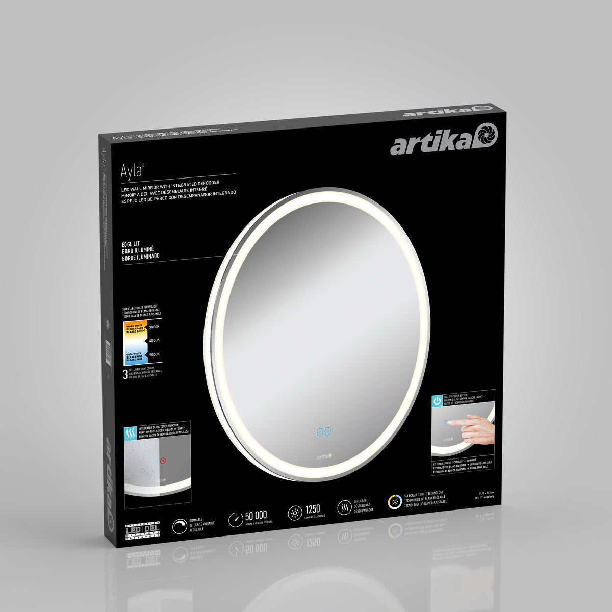 A black box for the Artika Ayla 28 in. LED mirror 3 CCT with defogger showcases a large round mirror with a lighted edge, highlighting features, icons, and images of touch controls and adjustable lighting.