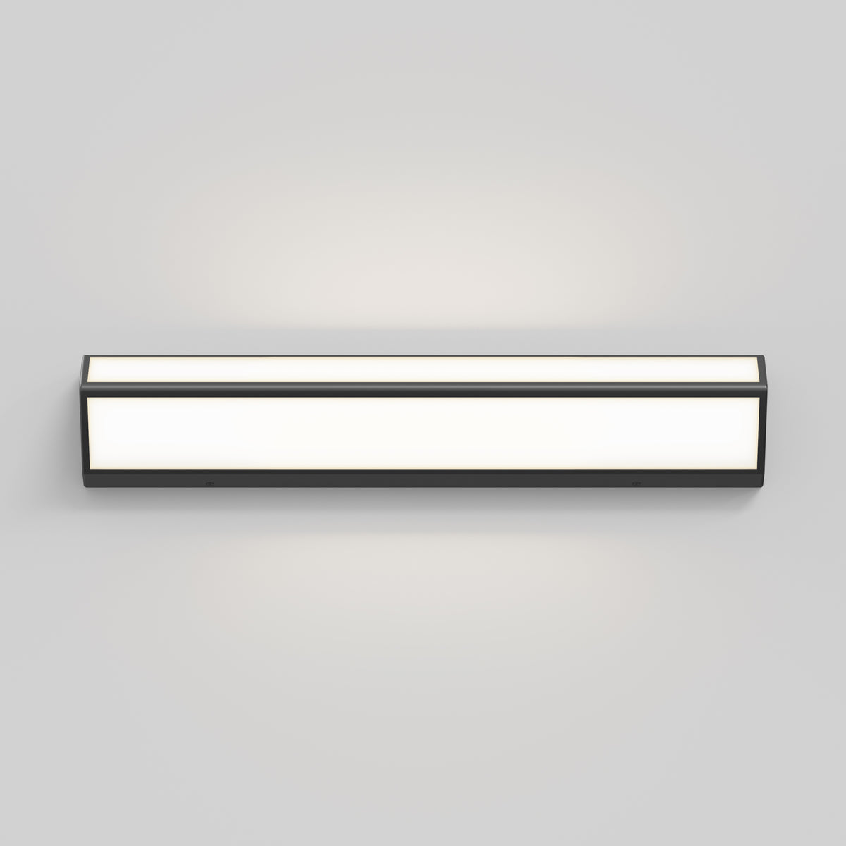 A modern rectangular wall-mounted light fixture with a black frame and white illuminated panels, attached to a plain light gray wall.