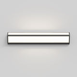 A modern rectangular wall-mounted light fixture with a black frame and white illuminated panels, attached to a plain light gray wall.