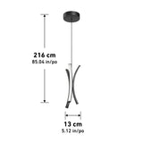 Modern pendant light fixture with three curved arms, suspended from a round ceiling mount. The fixture hangs 216 cm (85.04 in) in length and is 13 cm (5.12 in) wide. Measurements are labeled with arrows.