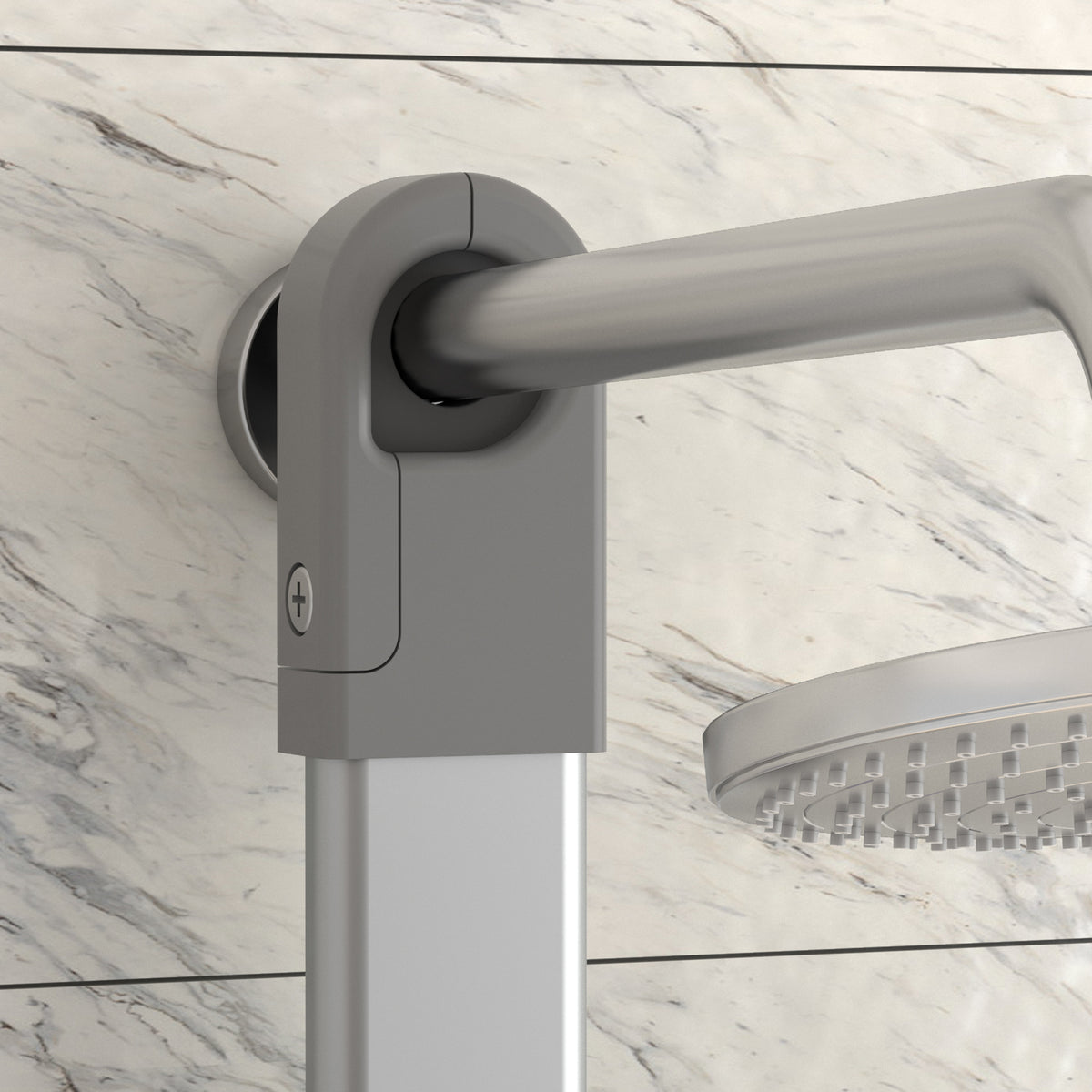 Close-up of a modern adjustable shower head holder mounted on a marble-patterned bathroom wall, showing the metallic shower arm and part of the round shower head.
