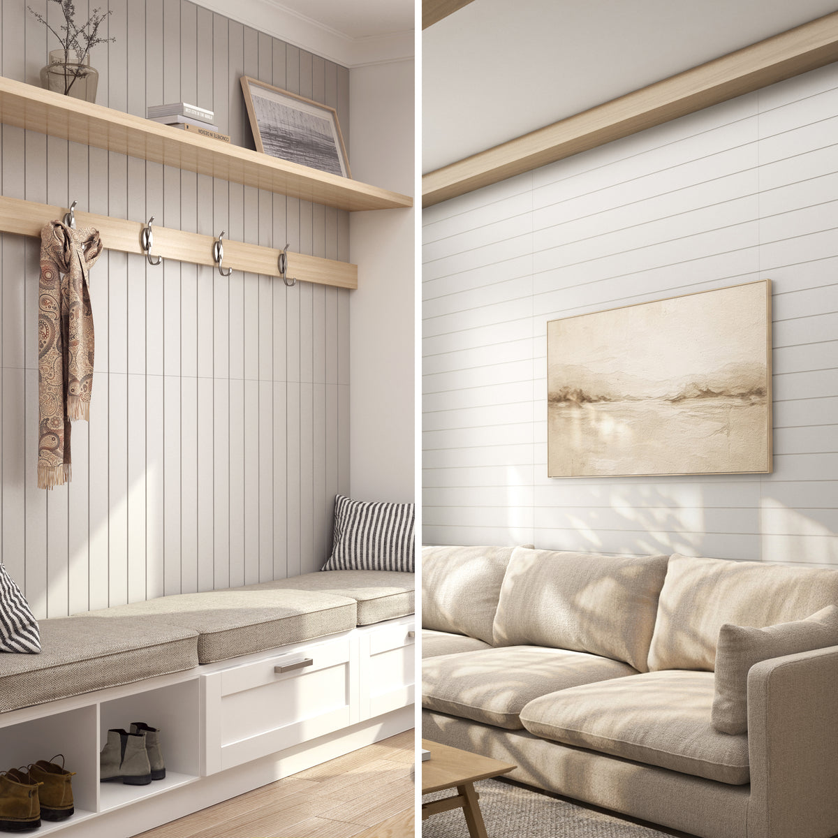 A cozy entryway with Artika AXEN Shilap MDF wall panels beside a bright living room with a beige sofa and abstract art.