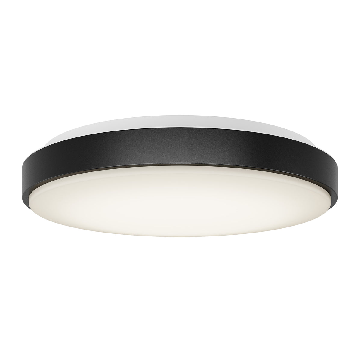 A round, modern ceiling light fixture with a black outer rim and a white diffused center, mounted on a white background.