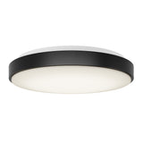 A round, modern ceiling light fixture with a black outer rim and a white diffused center, mounted on a white background.