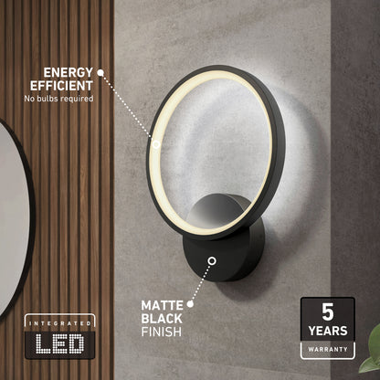 Artika Solis modern LED wall light, 5 CCT, matte black, energy-saving, indoor/outdoor. Includes visible 5-year warranty label.