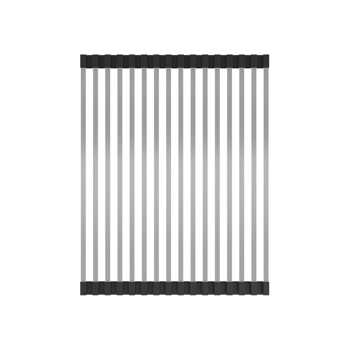 A dish drying rack with parallel stainless steel rods and black silicone ends, viewed from above on a white background.