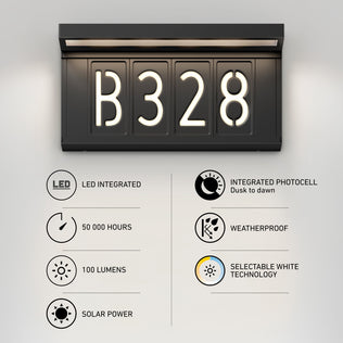 The Artika Bowen solar LED outdoor address wall light 5 CCT (B328) offers weatherproof, maintenance-free lighting with 100 lumens, 50,000-hour LED life, dusk-to-dawn sensor, and easy wall mounting—perfect for displaying your house number outdoors.