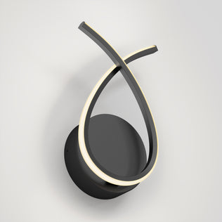 The Artika Gamma modern LED wall sconce 5 CCT features a circular black base and two intertwined curved light strips, offering a minimalist, sculptural design with adjustable warm illumination.
