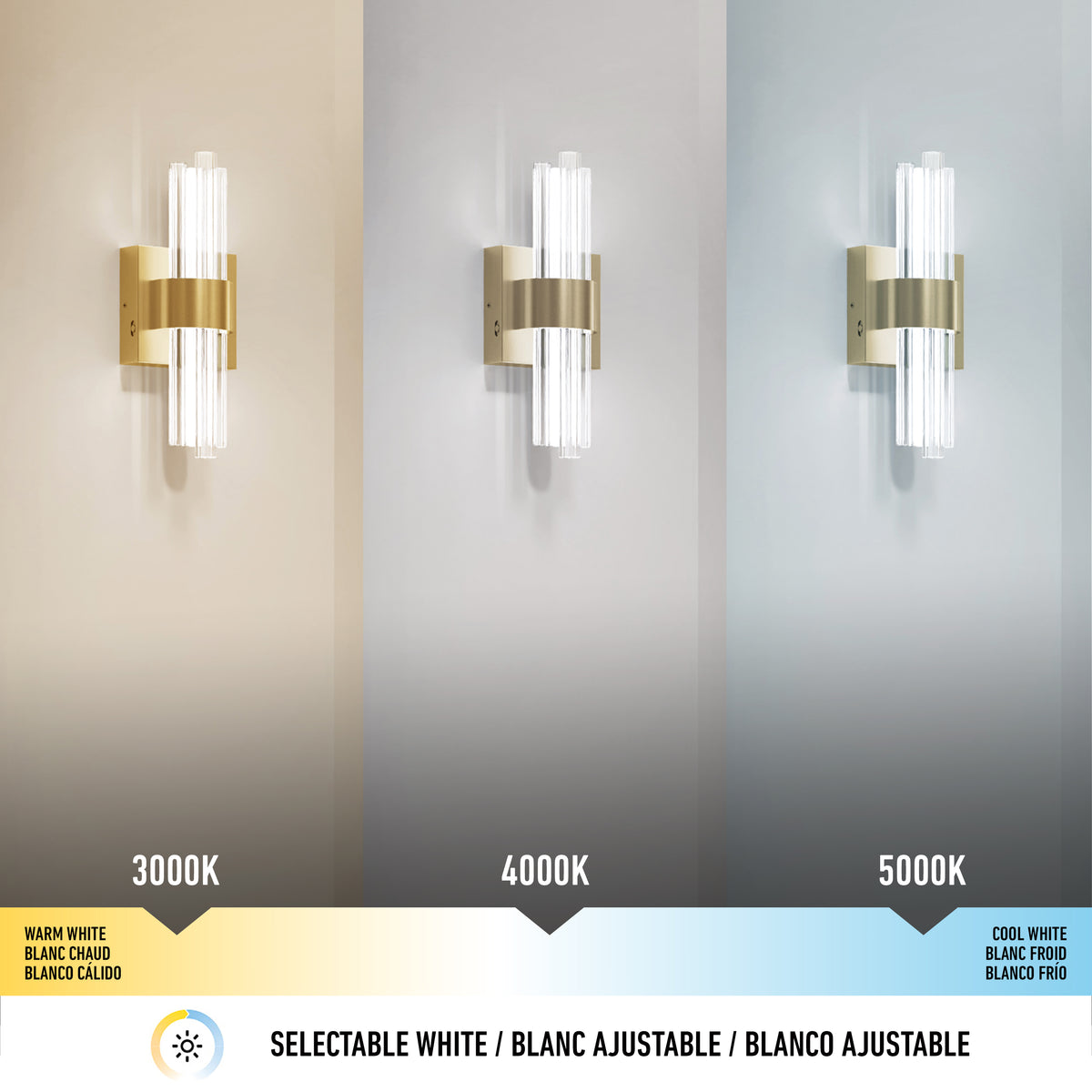 Three identical Artika Dorado contemporary LED wall sconces are shown on various backgrounds, each offering selectable 3 CCT settings—3000K (warm), 4000K (neutral), and 5000K (cool)—for customizable, luxury lighting.