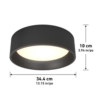 The Artika Alton LED flush mount is a round, black ceiling light with a white diffuser, measuring 34.4 cm (13.15 in) wide and 10 cm (3.94 in) high. Arrows indicate its width and height.