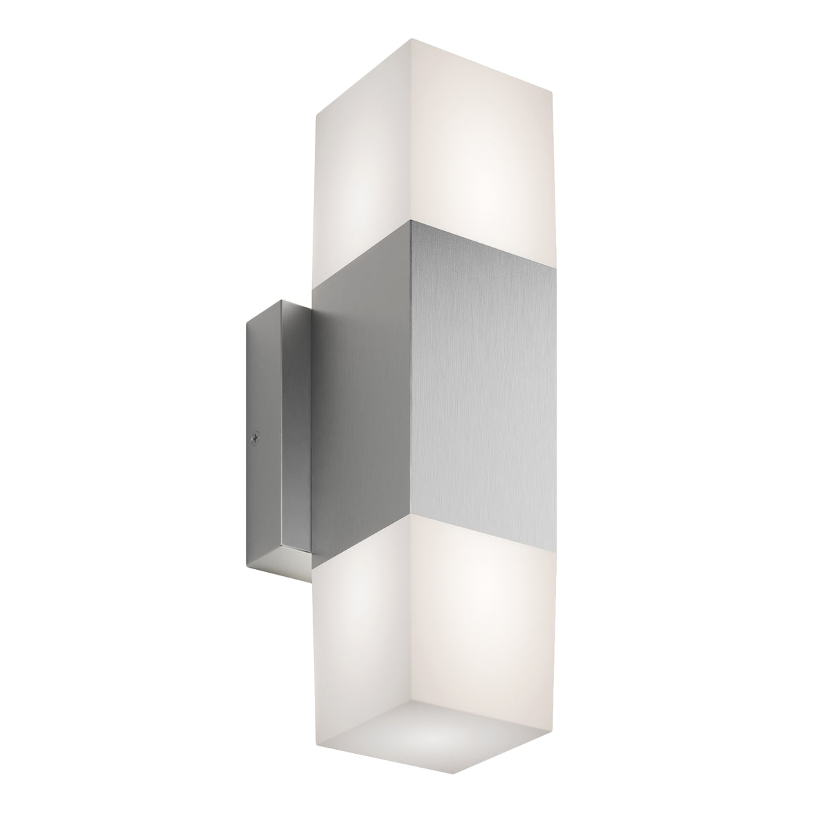 A modern wall sconce with a brushed metal center and frosted rectangular glass shades on both ends, emitting light upwards and downwards.
