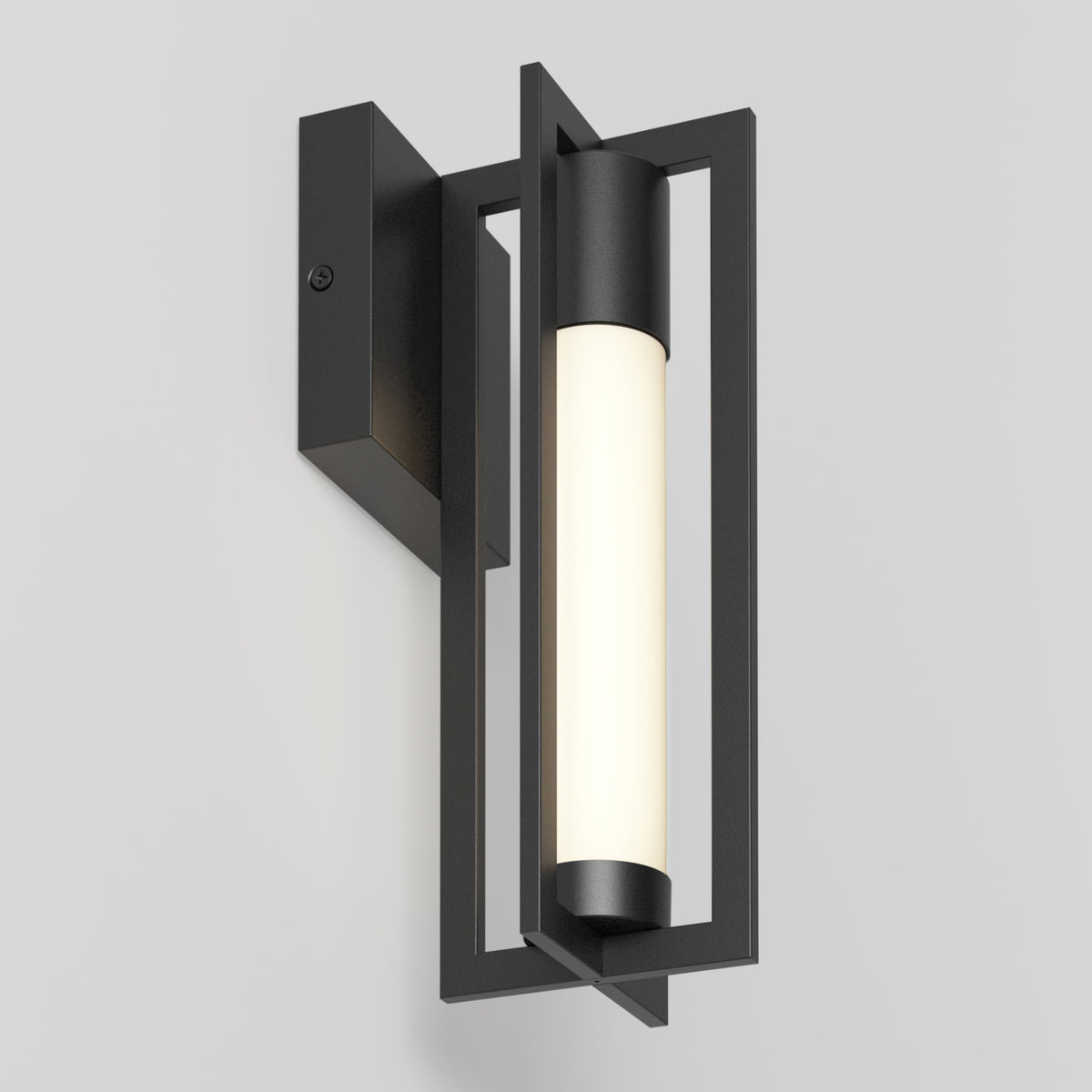 The Walt indoor-outdoor LED wall light by Artika features a matte black rectangular frame with a vertically mounted cylindrical frosted bulb, set on a square black wall plate against a light gray background.