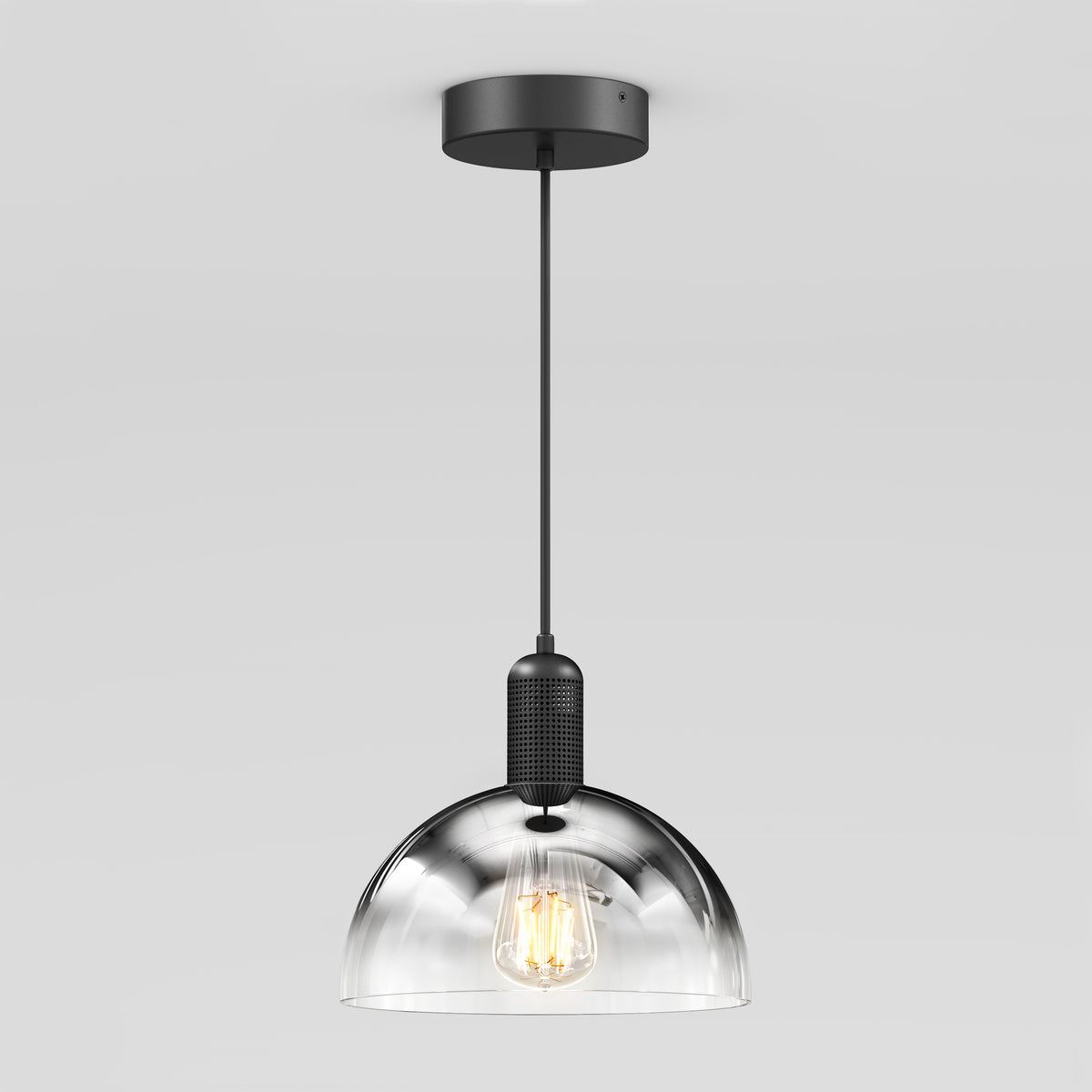 The Artika Nella Pendant without Bulbs showcases a modern clear glass dome shade, exposed bulb design, black cord and ceiling mount, displayed against a plain light gray background.