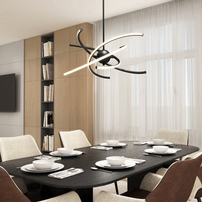 Modern dining room with a dark wood table for six, beige upholstered chairs, and the Silvio LED pendant light 3 CCT by Artika hanging above. Bookshelves and large windows complete the space.