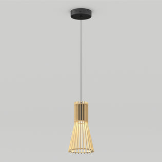 The Artika Kiyo modern LED pendant 3 CCT features a black ceiling mount and a cylindrical wooden slat shade, suspended by a slim black cord against a plain light gray background.