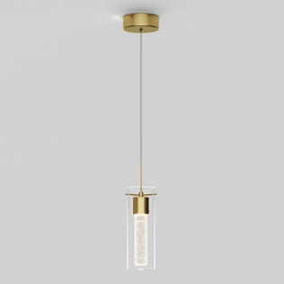 The Essence LED pendant light by Artika features a gold fixture, a single cable, and a cylindrical glass shade with a textured diffuser inside.