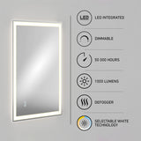 A rectangular LED mirror with icons and text highlighting features: LED integrated, dimmable, 50,000 hours lifespan, 1000 lumens brightness, defogger, and selectable white technology.