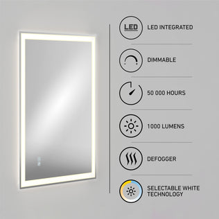 The Artika Sofia LED mirror 3 CCT with defogger is a rectangular bathroom mirror featuring an illuminated frame, integrated dimmable LED (1,000 lumens), selectable white technology, defogger, and 50,000-hour lifespan.